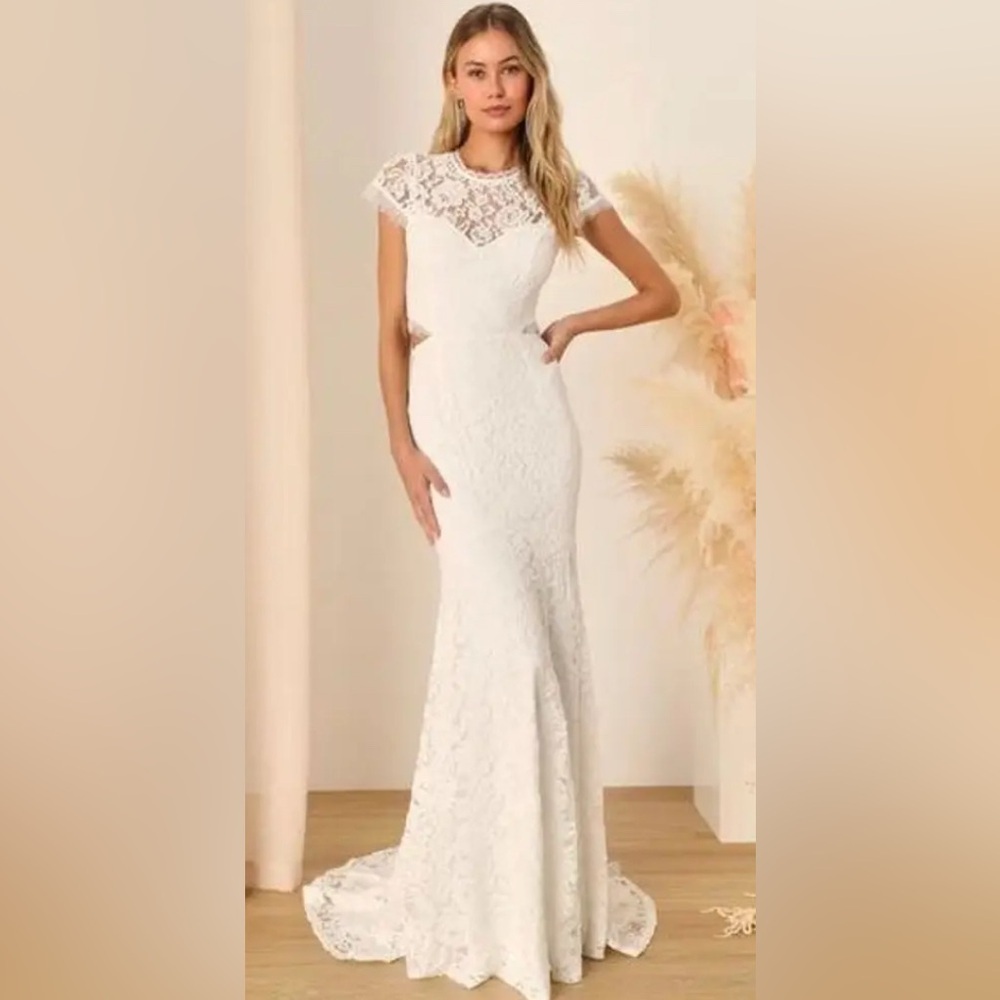 Lulus Devoted to Bliss White Lace Cutout Trumpet Maxi Dress